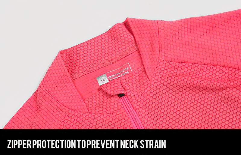 Close-up of the pink breathable cycling jersey collar with zipper protection to prevent neck strain.
